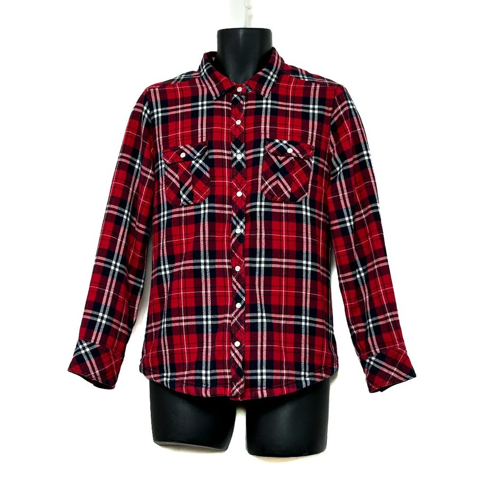 BC Clothing Womens LS Fleece Lined Snap Up Red Flannel Plaid Shirt/Jacket Sz XL